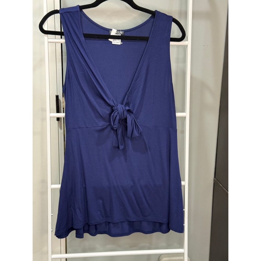 Venus Navy Blue Tie Front V-Neck Sleeveless Knit Top Small RN 129406 Minimalist‎